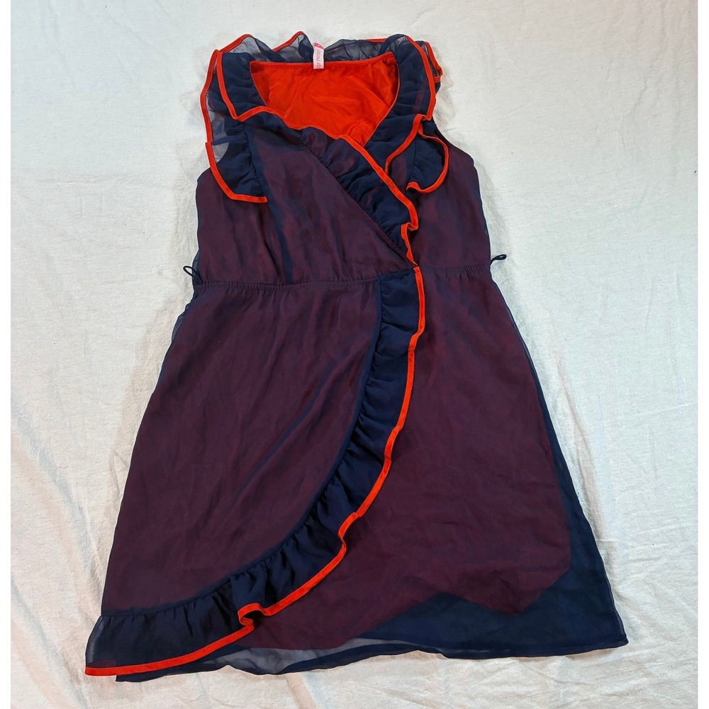 Fashion Spy Women's Size Large Wrap Dress Navy Blue Red Ruffle Sleeveless U13